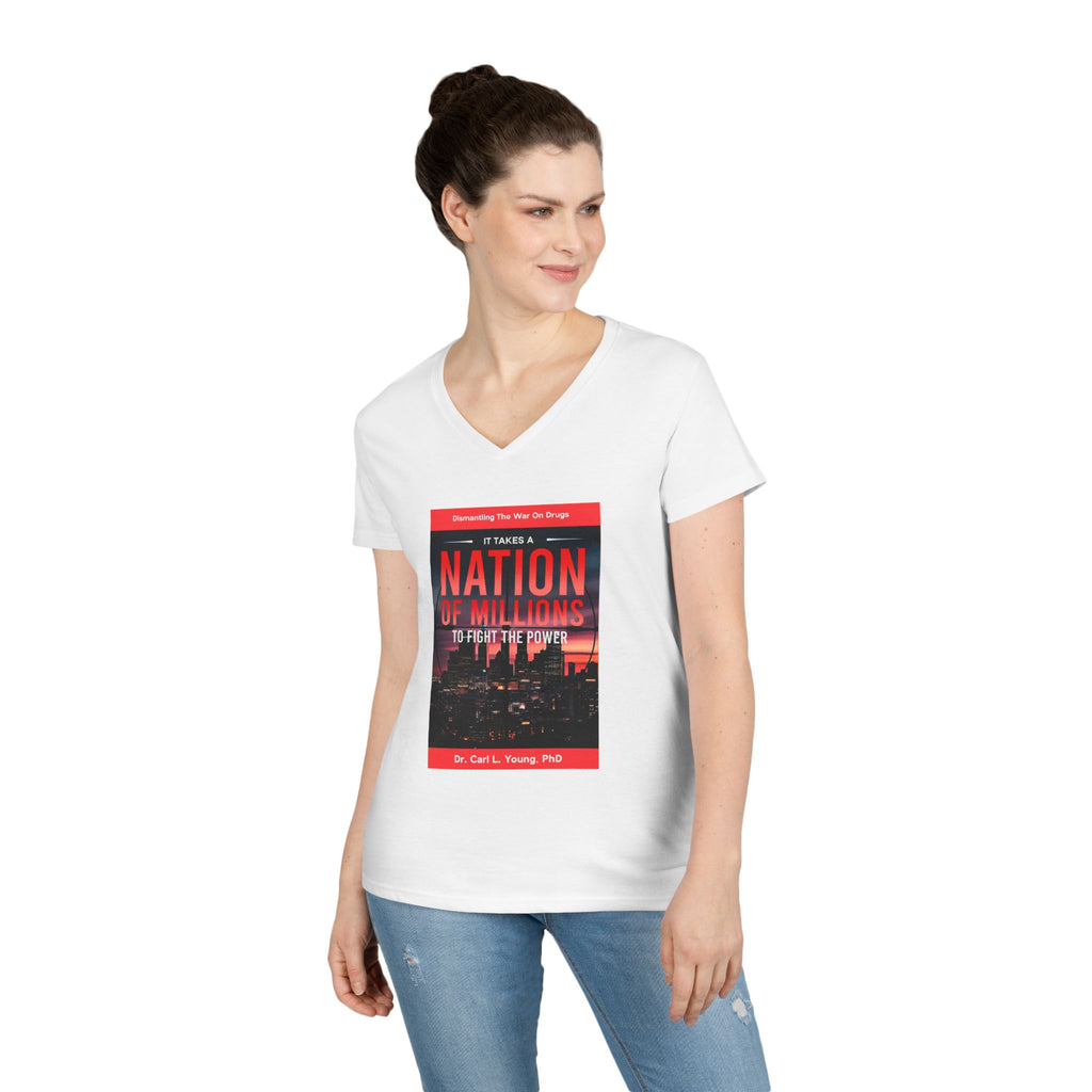 Ladies' V-Neck T-Shirt – 'A Nation of Millions' Book Cover Graphic Tee