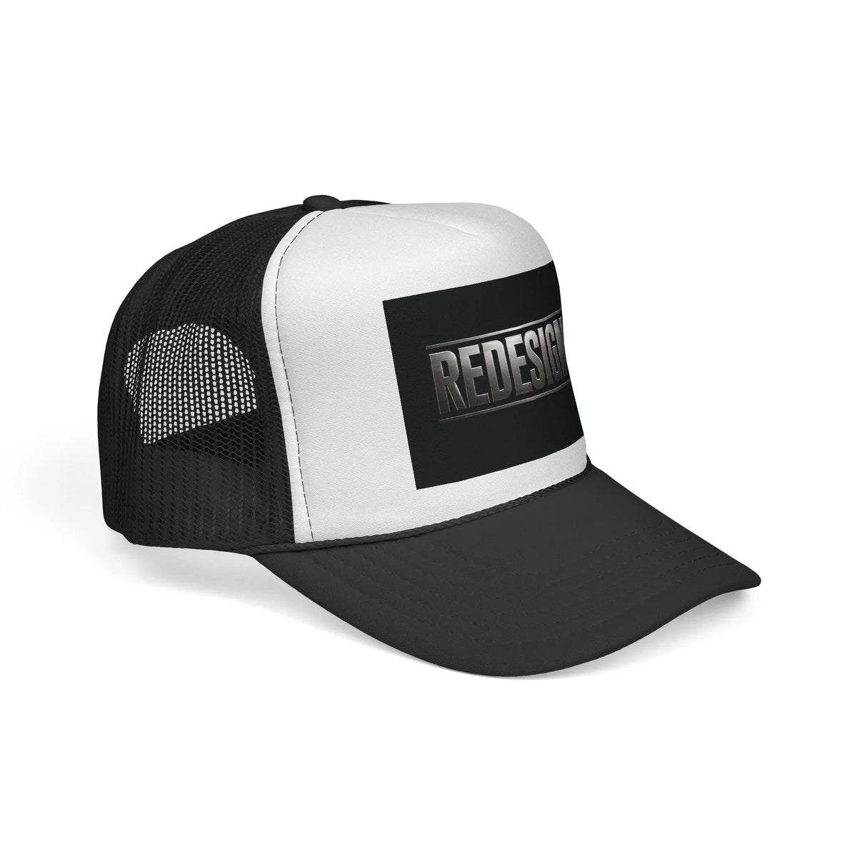 Redesign Logo Trucker Cap - Retro Black & White Mesh Hat Printify