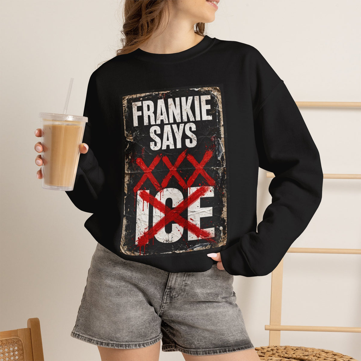 Frankie Says "XXX ICE" Distressed Graphic Crewneck Sweatshirt