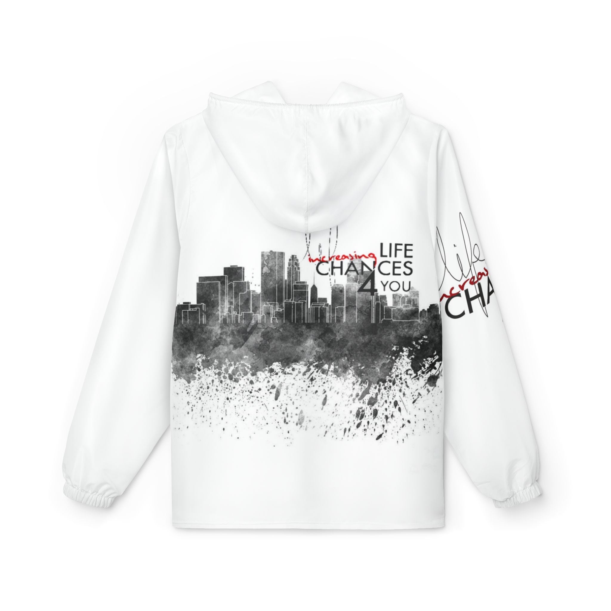 Inspirational Cityscape Windbreaker Jacket — "Life Changes You" Hooded Zip-Up