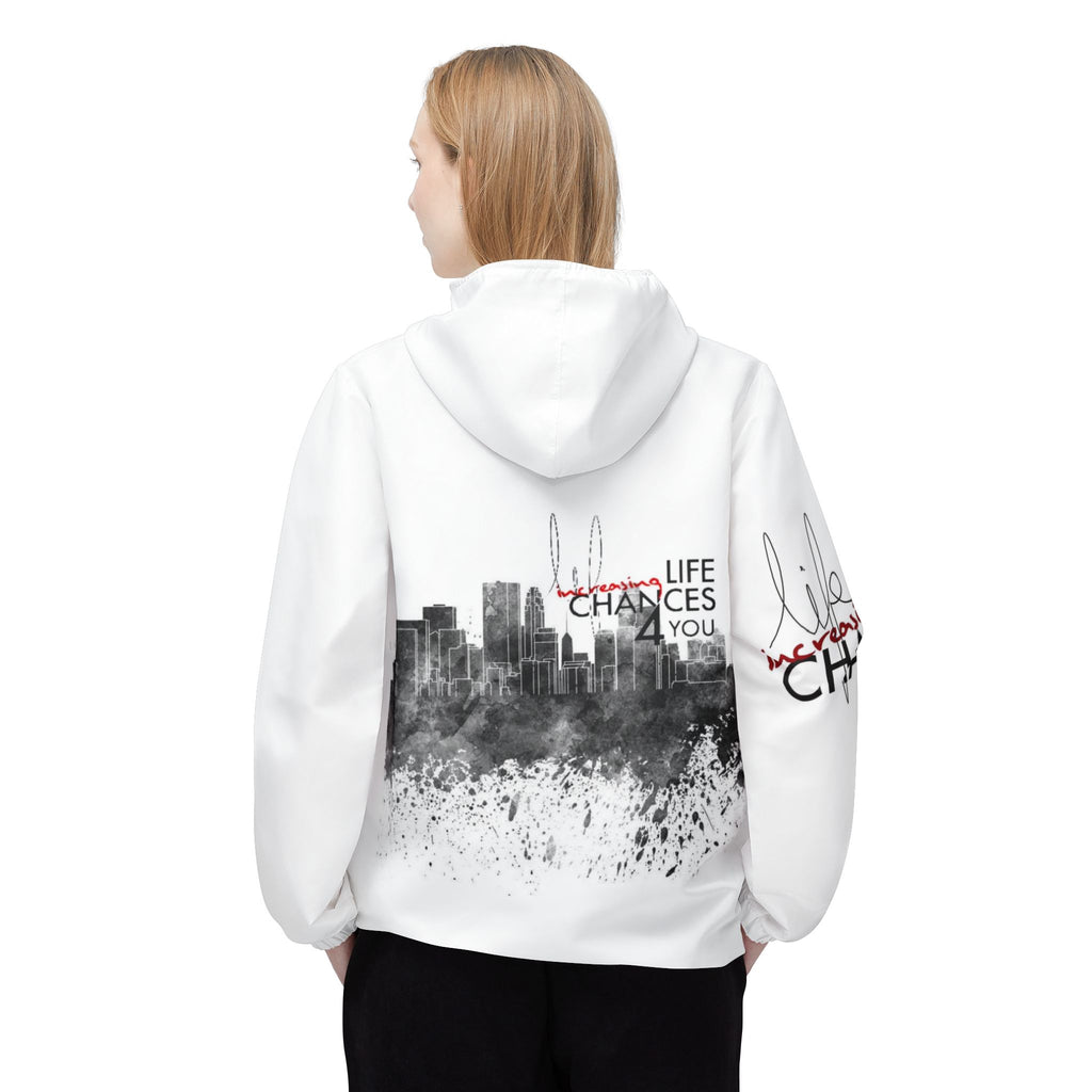 Inspirational Cityscape Windbreaker Jacket — "Life Changes You" Hooded Zip-Up