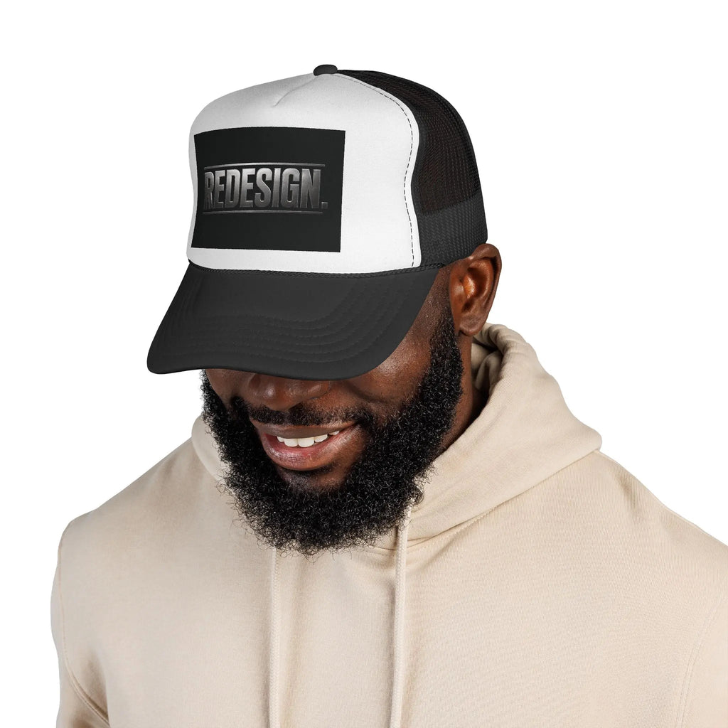 Redesign Logo Trucker Cap - Retro Black & White Mesh Hat Printify