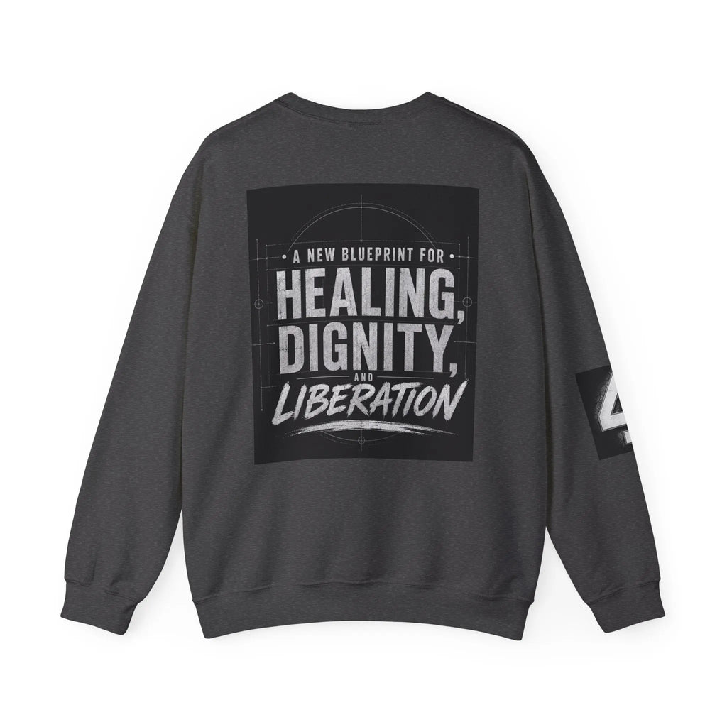 Crewneck Sweatshirt — 'REDESIGN' Front & 'Healing, Dignity, Liberation' Back Graphic Printify