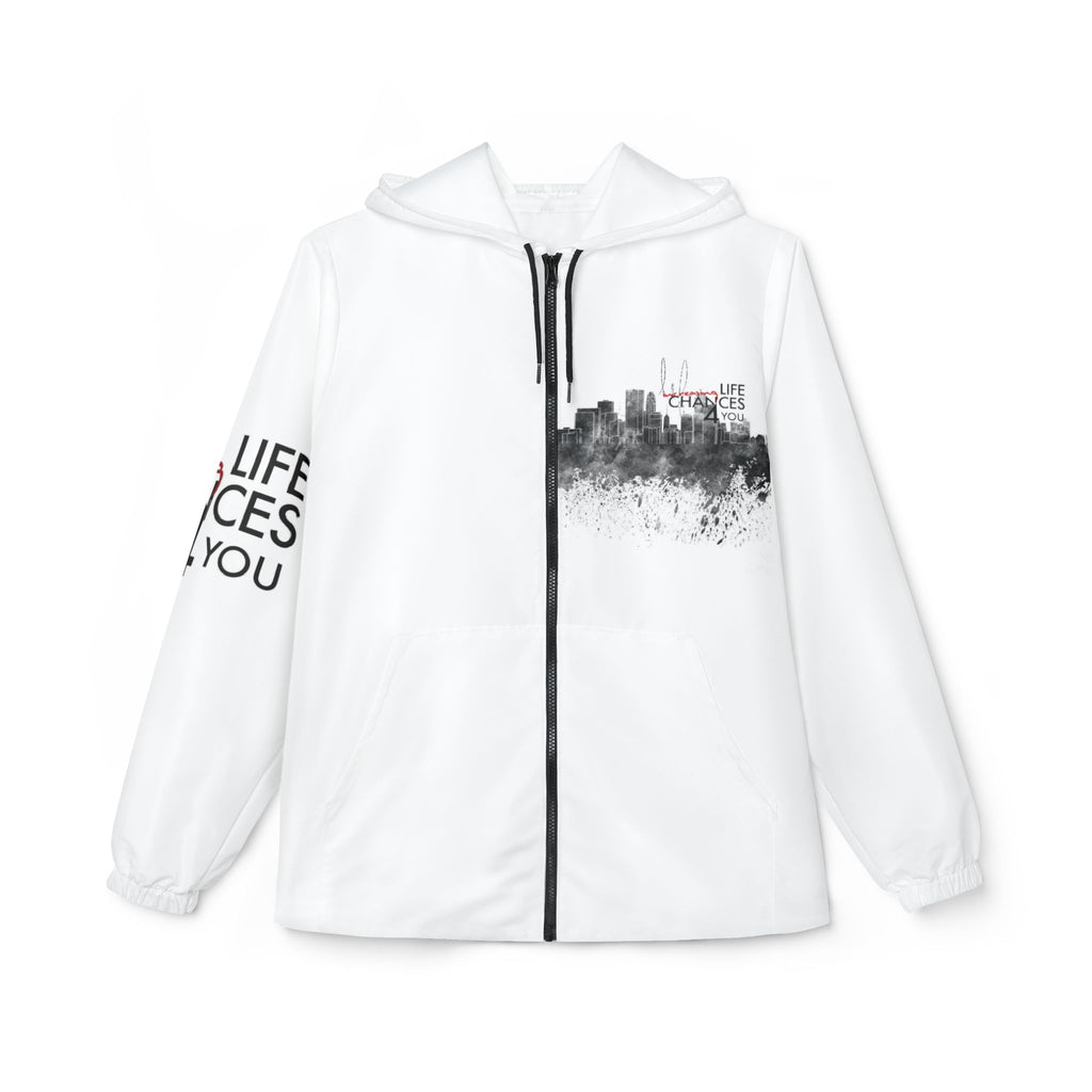 Inspirational Cityscape Windbreaker Jacket — "Life Changes You" Hooded Zip-Up