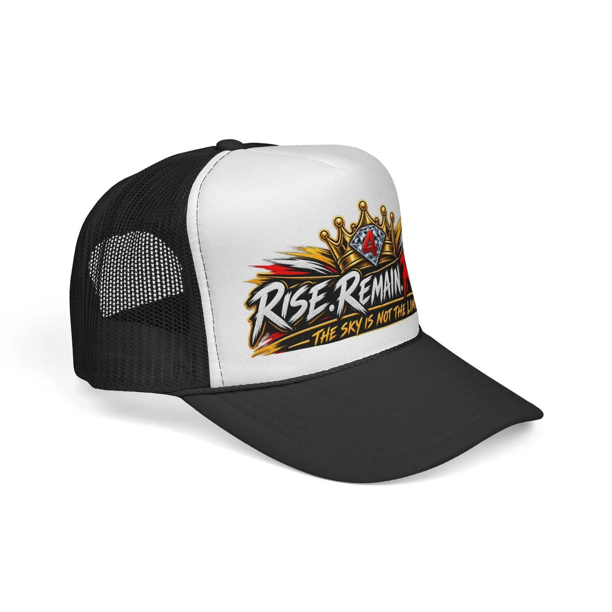Rise. Remain. Reign. Trucker Cap — Crown Graphic "The Sky Is Not The Limit" Printify