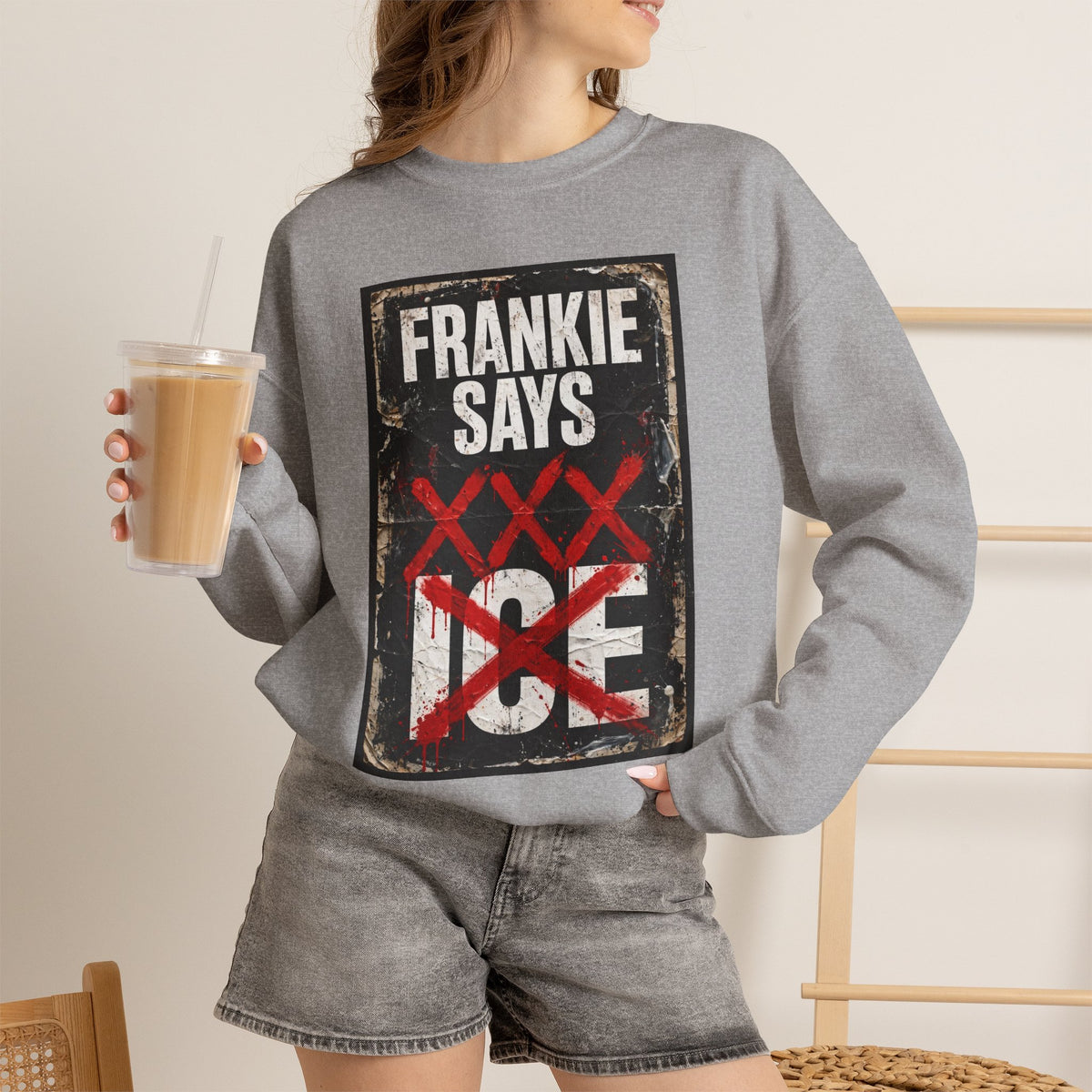 Frankie Says "XXX ICE" Distressed Graphic Crewneck Sweatshirt