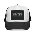 Redesign Logo Trucker Cap - Retro Black & White Mesh Hat Printify