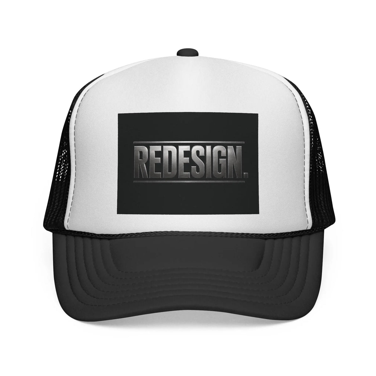 Redesign Logo Trucker Cap - Retro Black & White Mesh Hat Printify