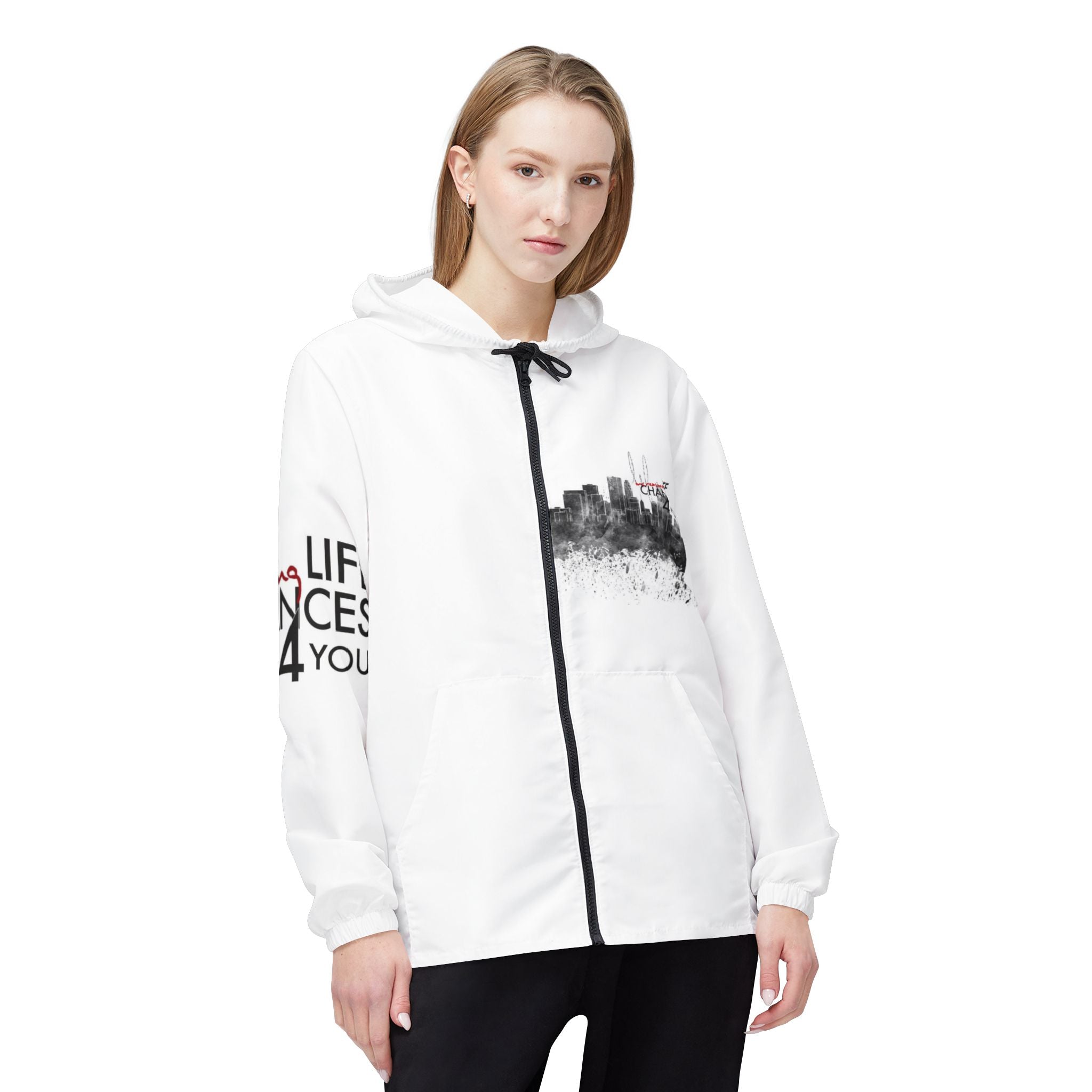 Inspirational Cityscape Windbreaker Jacket — "Life Changes You" Hooded Zip-Up