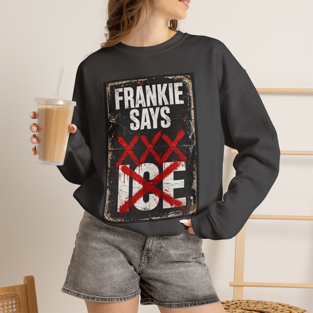 Frankie Says "XXX ICE" Distressed Graphic Crewneck Sweatshirt